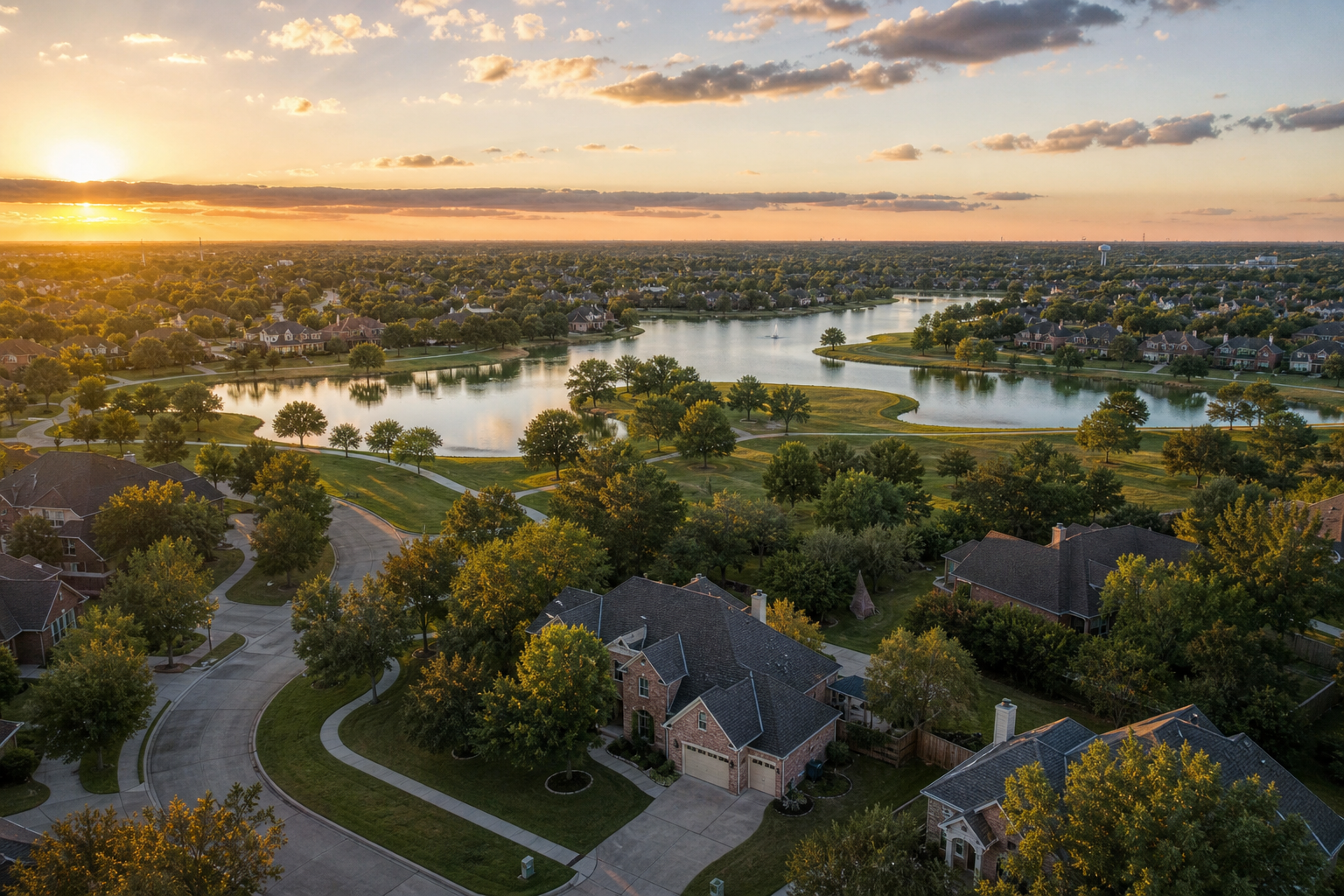 A lakeside residential neighborhood in Pearland, Texas, near Houston